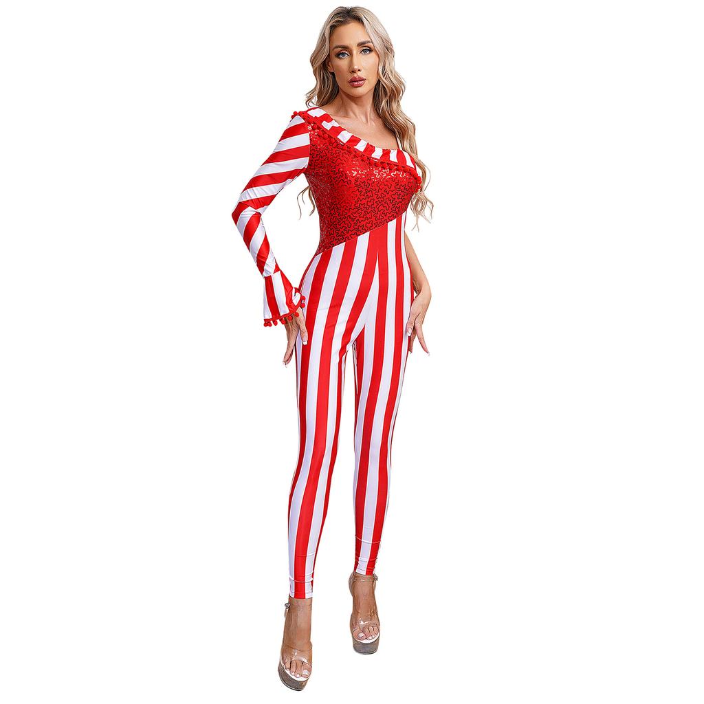 Womens Christmas Jumpsuit One Shoulder Flared Sleeve Shiny Sequin Pompom Trim Unitard One Piece Bodysuit