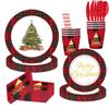 Christmas Party Tableware Set Plaid Printed Disposable Paper Plates Cups Napkins Holiday Party Supplies