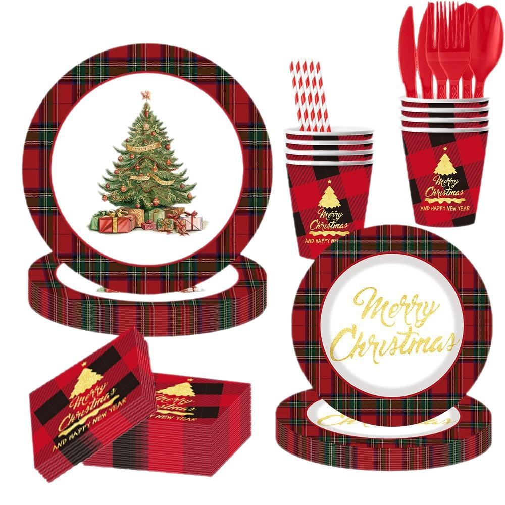 Christmas Party Tableware Set Plaid Printed Disposable Paper Plates Cups Napkins Holiday Party Supplies