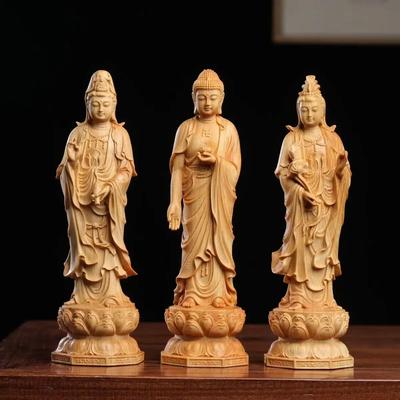 Cliff Cypress and Boxwood Carving San Sheng Guan Yin Bodhisattva Home Living Room Desktop Decoration Handicraft Holiday Gifts