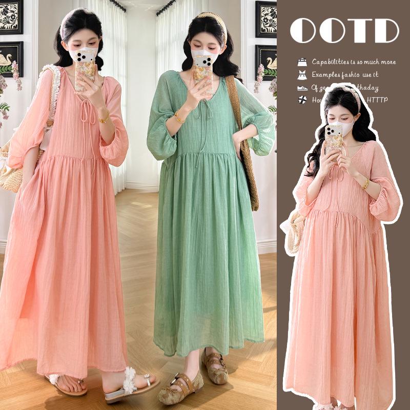 Spring/Summer 2026 Pure Linen V-Neck Lace-Up Loose Maternity Dress - Plus Size Available XL