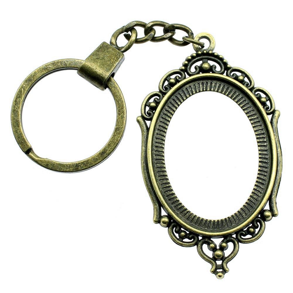 Heart Elliptical Glass Cabochon Base Setting Tray Blank Antique Bronze Metal Keychain for Family Gift