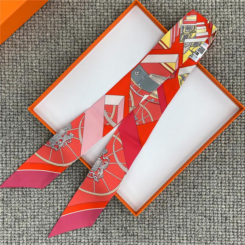 POBING Wheel Print 18m/m Twill Silk Scarves Women Luxury Brand Scarf Bag Ribbons Tie Head Scarf Small Long Skinny Scarf 86*5CM