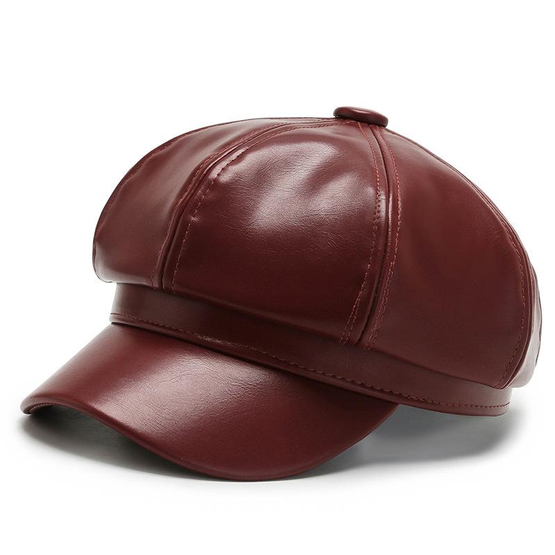 Autumn and Winter Trendy PU Leather Octagonal Hat Beret Outdoor Windproof and Warm Sun Hat Fashionable Casual Baseball Cap