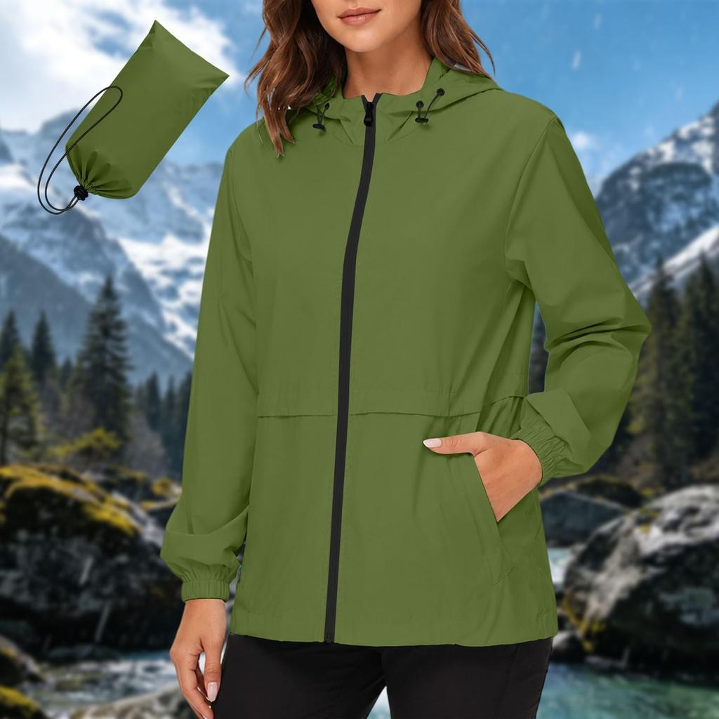 Women's Waterproof Windproof Hooded Jacket Lightweight Outdoor Raincoat Full Zip Front Pockets Adjustable Drawstring Hood