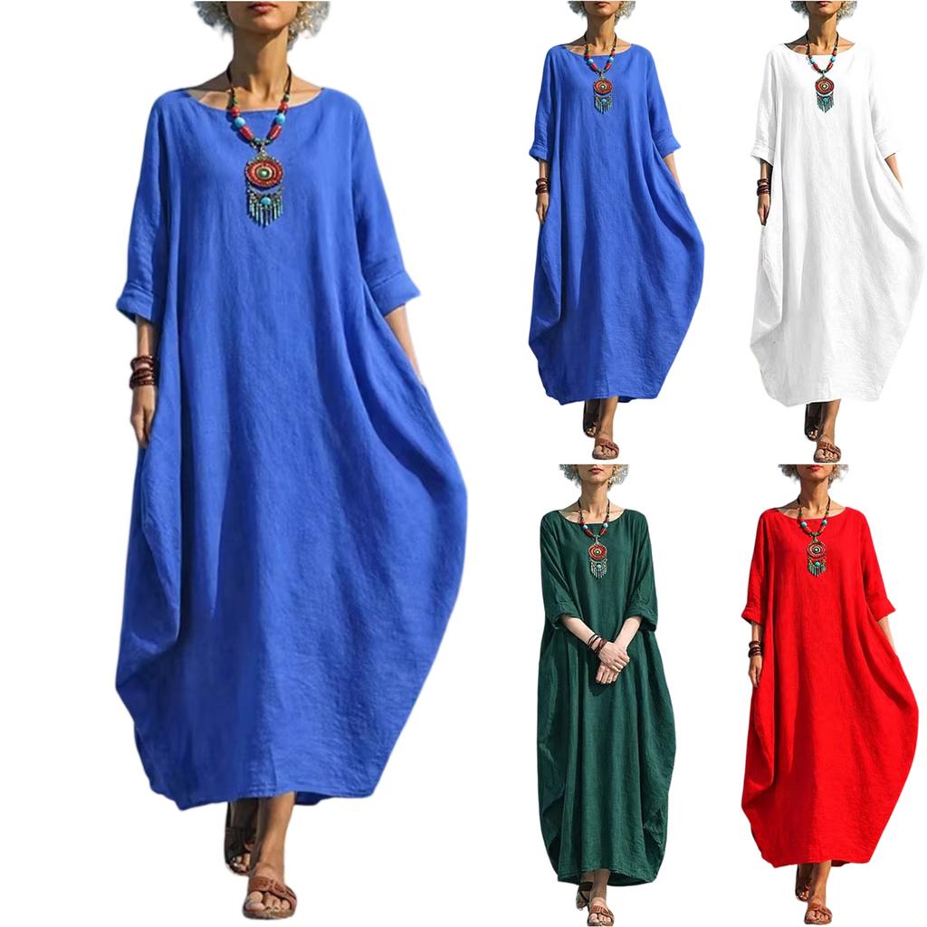 Women's Fashionable Color Round Neck 3/4 Sleeved Cotton Linen Casual Vacation Loose Long Dress