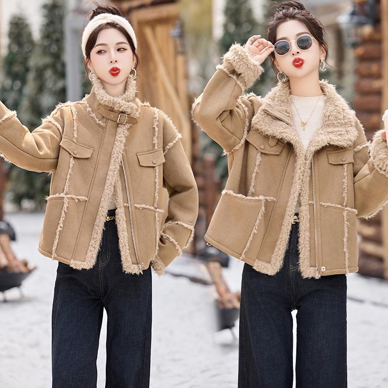 

Женское зимнее шерстяное пальто - Кожа и мех, колор-блок, плотное и на флисовой подкладке, теплое и стильное (YE6299) L (120-145 jin)