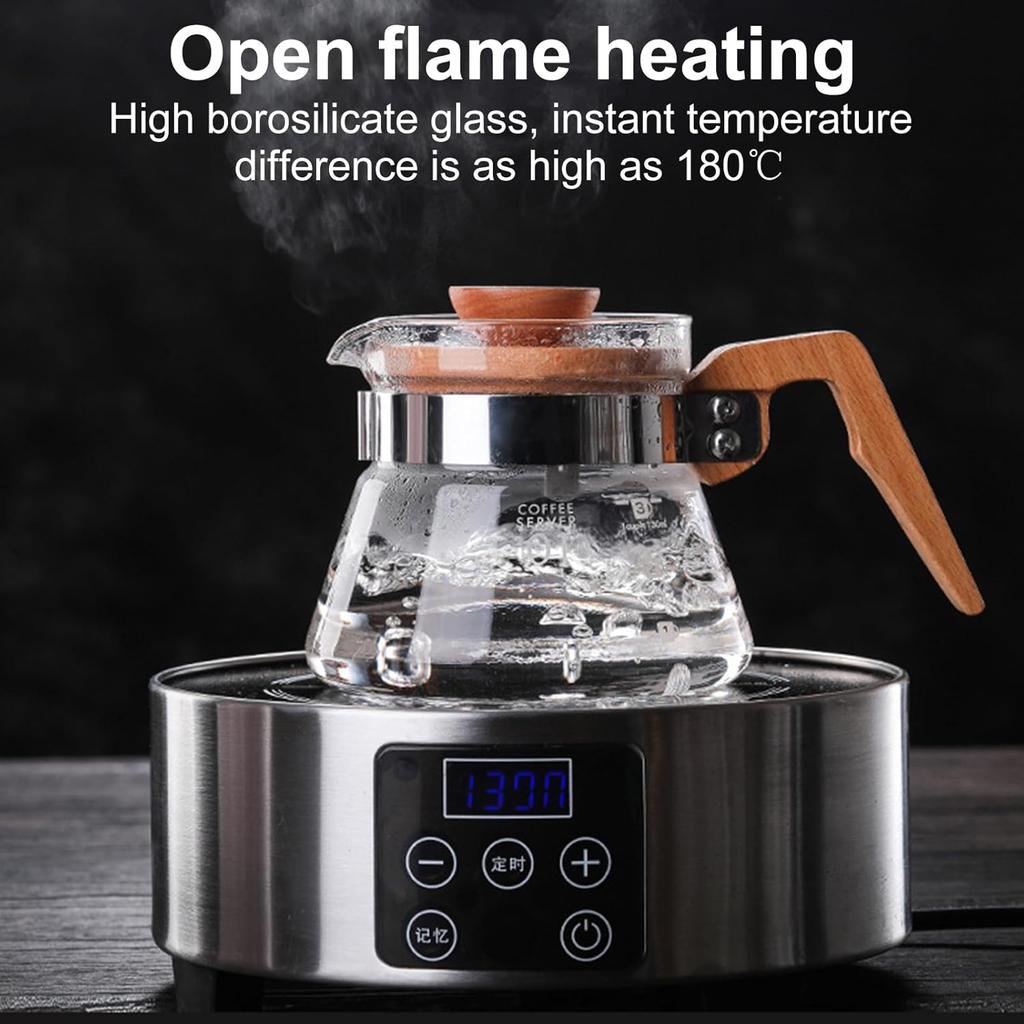 Glass Carafe Coffee, High Borosilicate Glass Coffee Pot V-Shaped Outlet Heatproof Mug Wooden Measuring Cups Coffee Carafe (600ml)