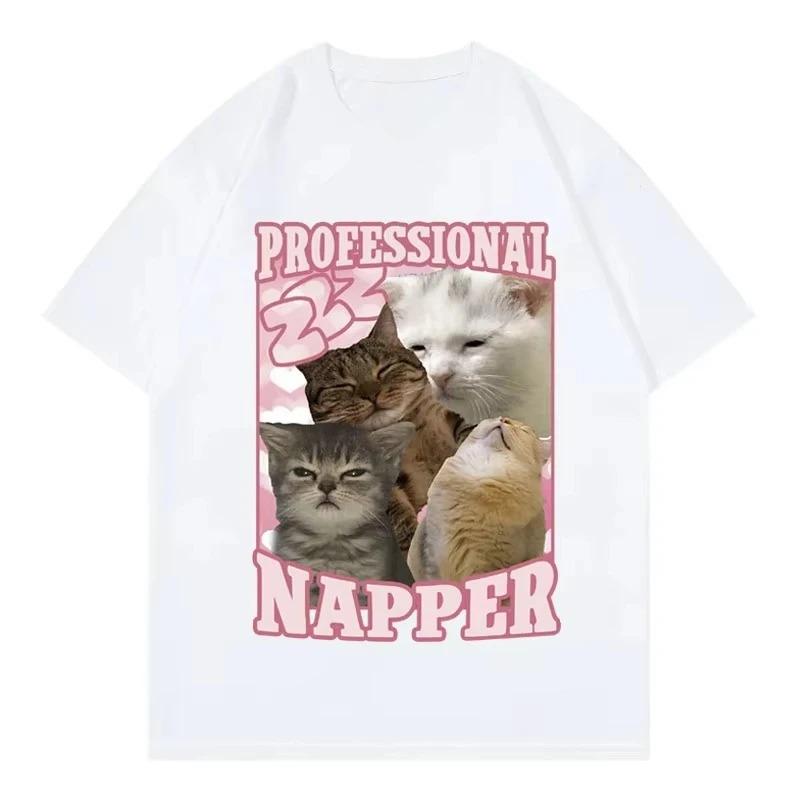 High Quality Cotton Clothing Tee Shirt Unisex Professional Napper Funny Cat Meme T-shirt Kawaii Fashion Short Sleeve T-shirts