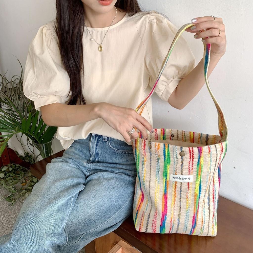 Trendy Street Style Canvas Tote Bag Colorful Stripes Medium Shoulder Bag