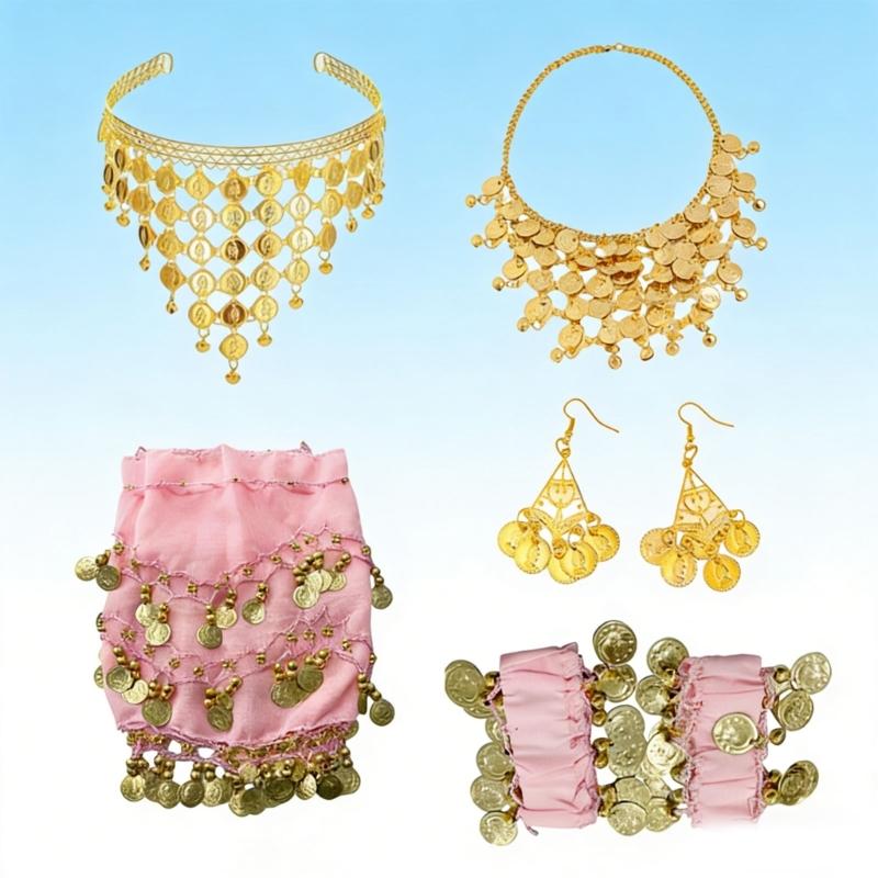 Belly Dance Costumes Bellydance Hip Scarf Wrist Bracelets Coin Head Scarf Earrings Belly Dancer Outfit Set for Womens