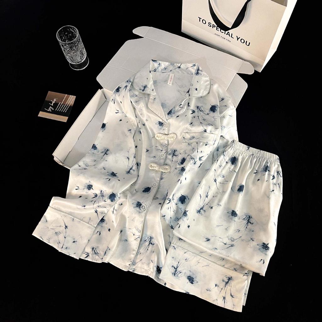 New Chinese Style Ice Silk Pajamas for Women: Cardigan Lapel with Retro Frog Button, Floral Design Home Wear.