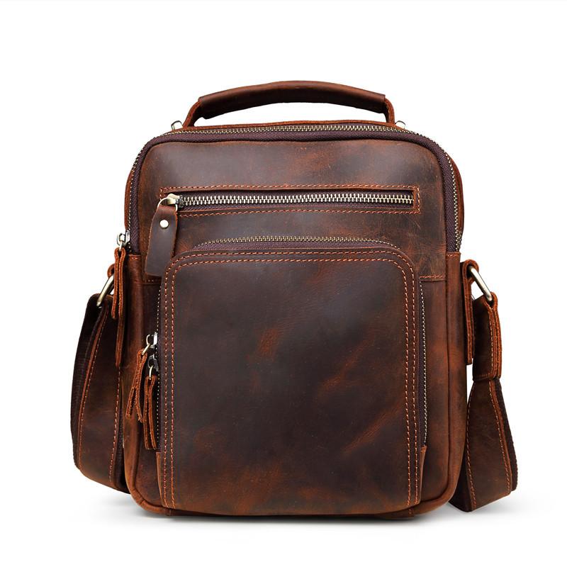 Retro Business Top Layer Cowhide Men's Bag, European and American Crazy Horse Leather Shoulder Bag, 10 Inch Genuine Leather Crossbody Bag, Mailman Bag