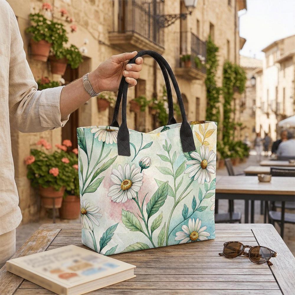 Watercolor Daisy Print Canvas Tote Bag Large Capacity Casual Daily Shoulder Handbag for Women Outdoor Shopping Travel