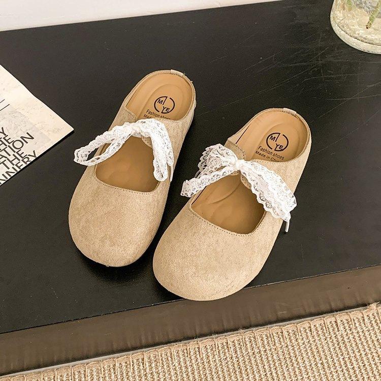 

French lace bow Birkenstock slippers women s outer wear 2025 summer new thick-soled inner heightening bag head half slippers 40