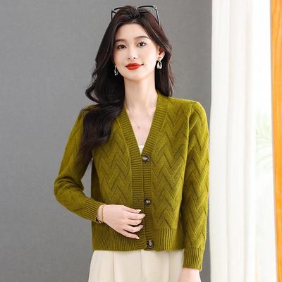 2025 New Style Women's V-Neck Cable Knit Cardigan - Spring & Autumn Short Sweater