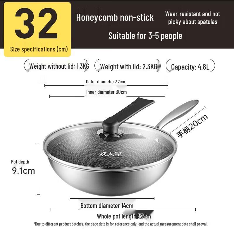 Chuda Huang 32cm 304 Stainless Steel Non-Stick Stir-Fry Pan