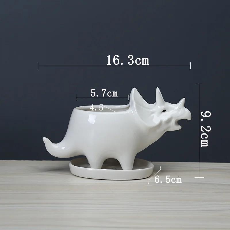 Ceramic Triceratops Planter with Tray, Creative Dinosaur Statue Garden Pot for Succulents Flower Pots Home Office Desktop Decor