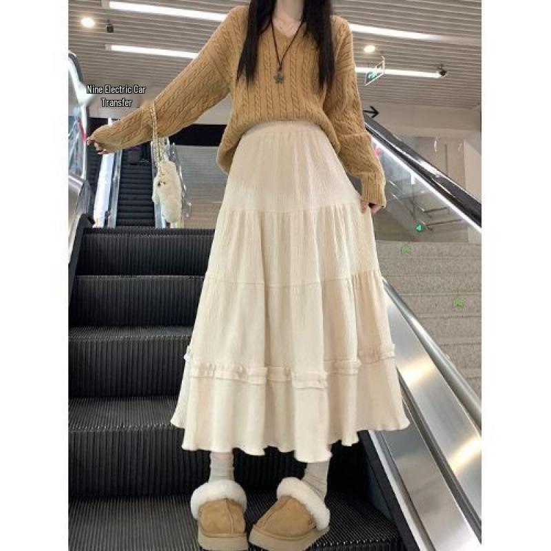 Women's High Waist Corduroy A-Line Mid-Length Skirt with Lace - Autumn/Winter 2025