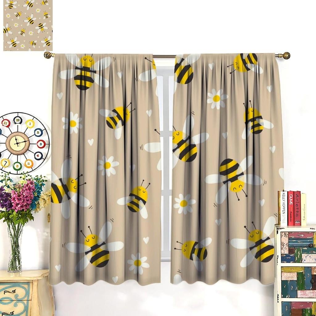 Rustic Honey Bee Curtains Honeycomb Daisy Floral Window Treatments Insulated Drapes Panel Sets Curtain With Rod Pocket Thermal Polyester