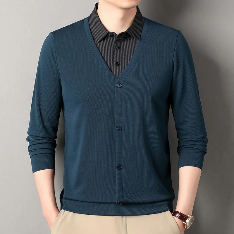 2026 New Men's Fake Two Piece Polo Shirt Casual Fashion Long Sleeve Collar T-shirt Versatile Top