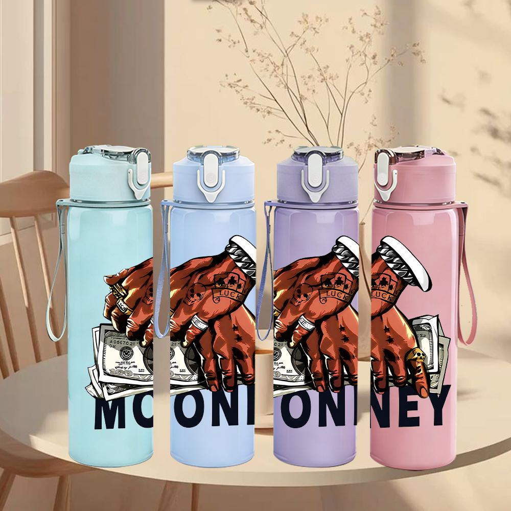 1PC Stacked Cash Money Graphic 750ml Color Plastic Water Bottle Leakproof Flip Straw Lid For Sports Office Home Use