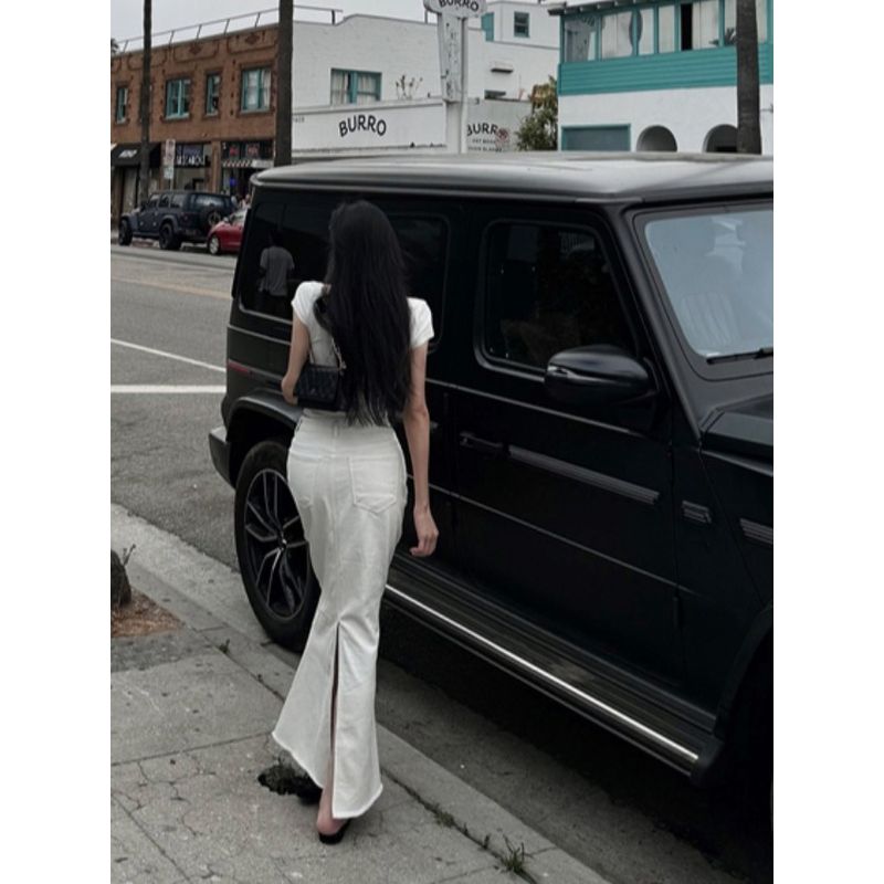 South korea Dongdaemun Autumn Fashion Commuter New White High Waist Slim fit Fishtail Split Skirt Solid Long dress