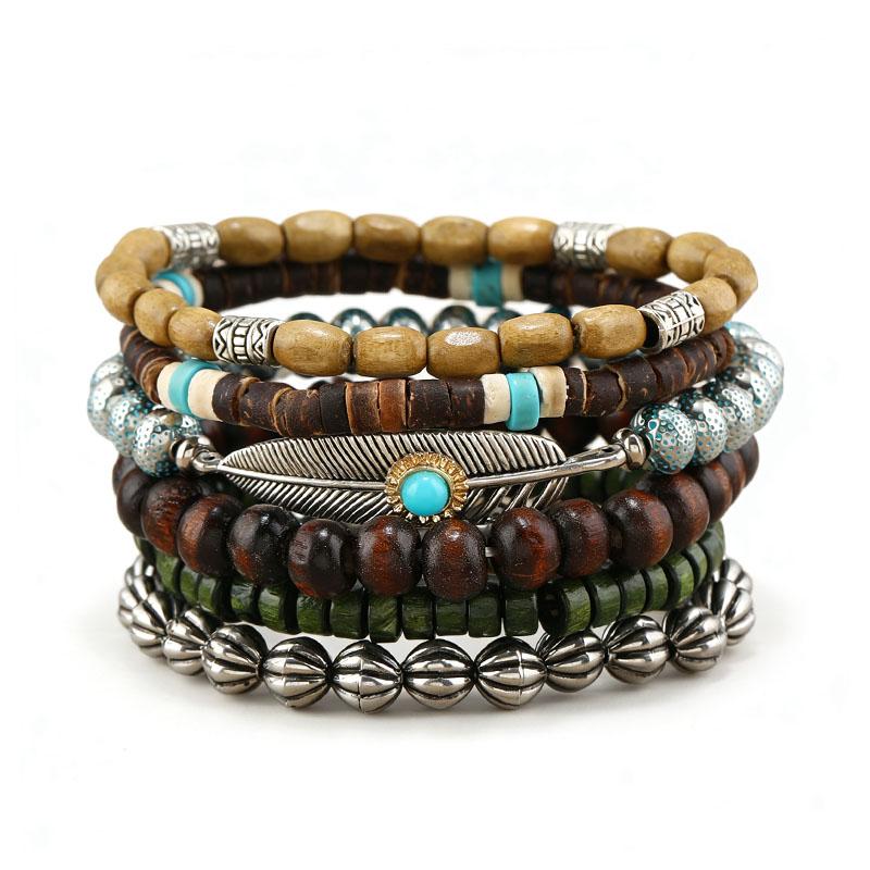 6 Stück Natürliche Holzperlen Armbänder Boho Ethnisch Armband Neues Set Vintage Feder Türkis Anhänger Handketten Handgefertigt