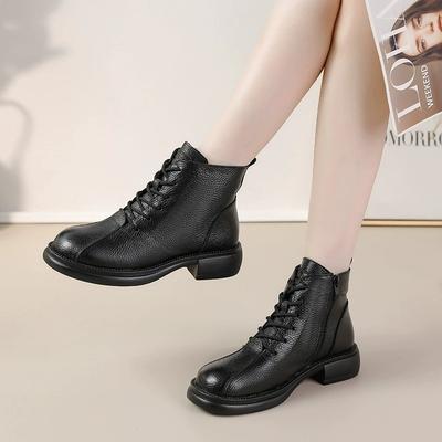 Herbst neue erste Schicht Rindsleder mittlerer Absatz weichsohlige Damen Kurzstiefel Retro Casual Leder Martin Stiefel warme Damen Baumwollschuhe