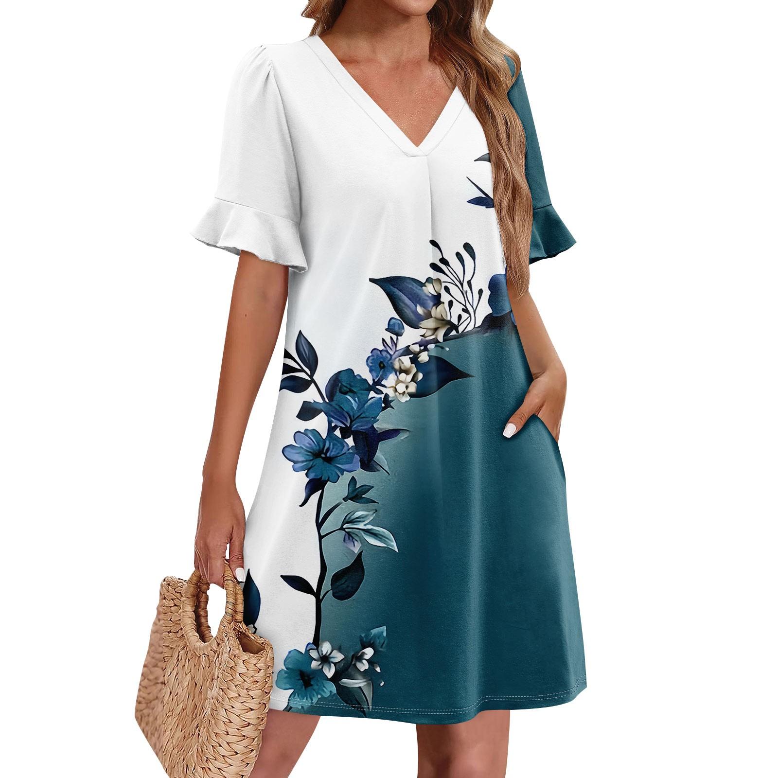 

Летние платья для женщин с V-образным вырезом, оборками и коротким рукавом, повседневное свободное платье с принтом, пляжное платье с карманами L циан