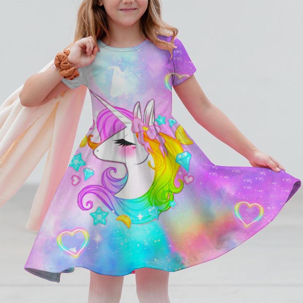 Robes d'été pour filles Licorne Enfants Robe à manches courtes Dessin animé Tout-petits Décontracté Robes droites Vêtements pour enfants 3-12 ans