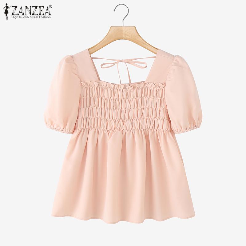 ZANZEA Women Square Collar Summer Casual Short Sleeve Blouse