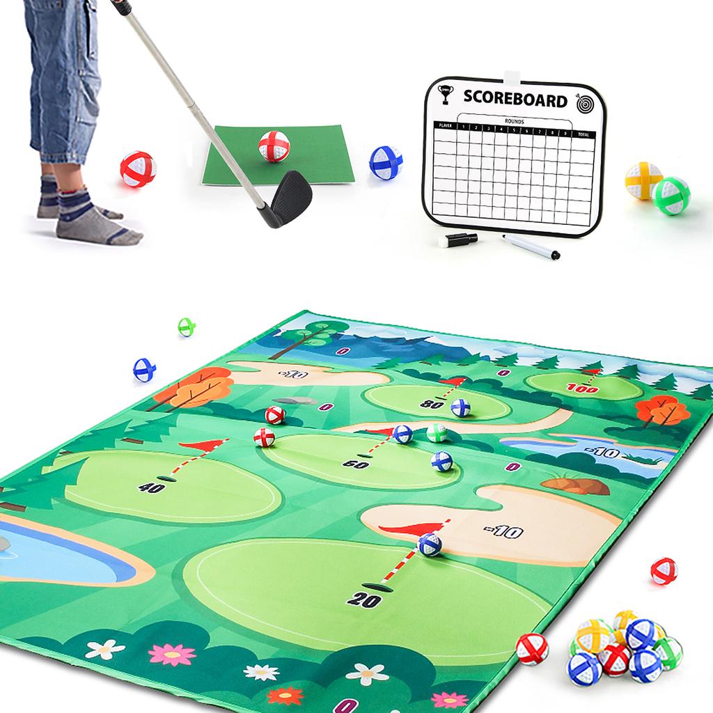 Kids Golf Set with Thickened 3MM Golf Game Mat Erasable Scoreboard Club Sticky Balls Outdoor Indoor