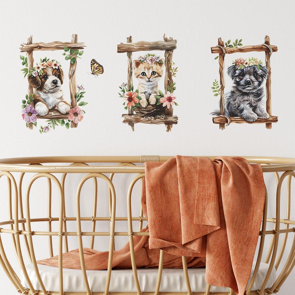 Cartoon Cat Dog Triptych Frame Wall Sticker Set Self-Adhesive for Kids Bedroom Wall Decoration