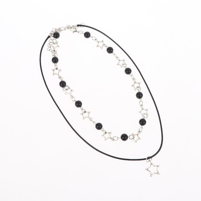 Dvouvrstvý černý korálkový hvězdicový choker náhrdelník Punk pentagram kožené šňůrky Náhrdelníky pro ženy dívky
