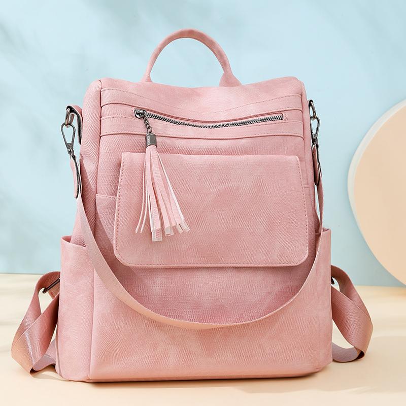 Women's Soft Leather Backpack Large Capacity Student Commuter Schoolbag Tassel Travel Backpack
