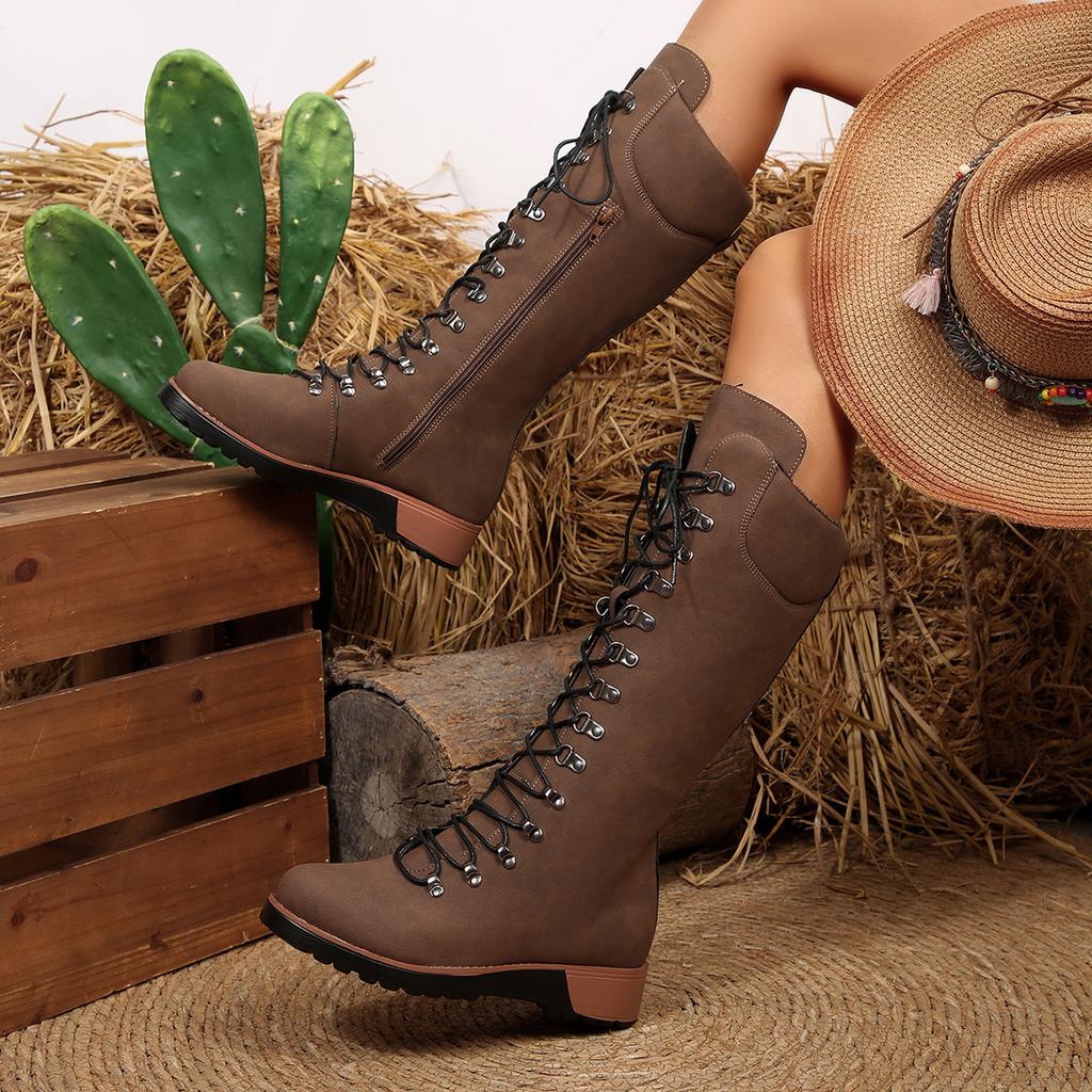 Women Knee-High Boots Round Head Front Cross Lacing Shoes  New Platform Shoes Women Anti-slip Wear-resistant Ankle Boots