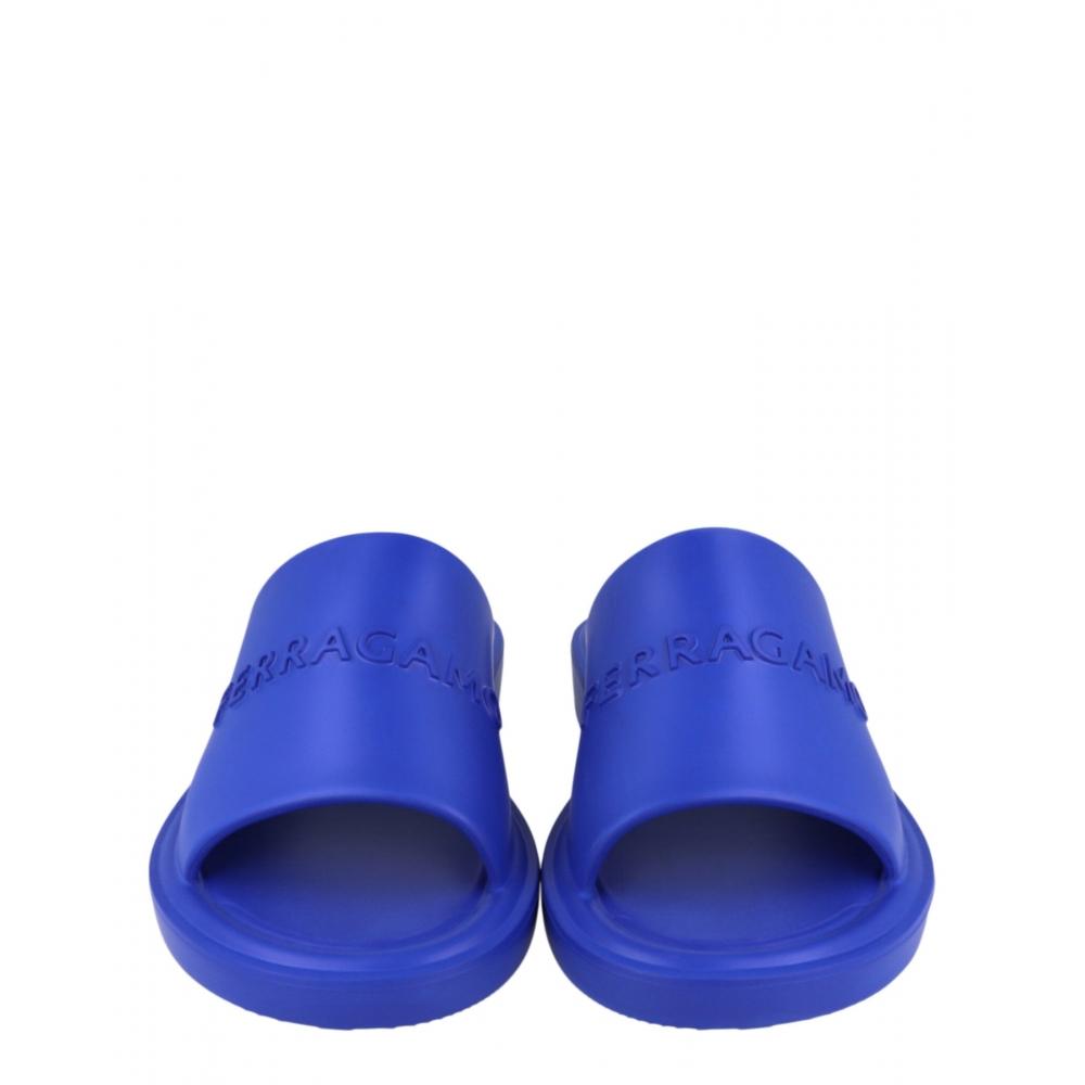 Salvatore Ferragamo Giuneva Logo Embossed Slides Blue