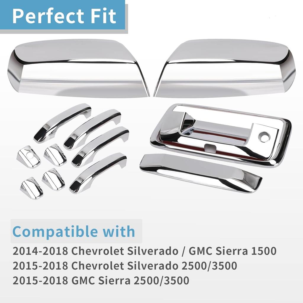 Chrome Door Handles+Top Half Mirror Covers+Tailgate Cover (With Camera Hole) Compatible With Chevrolet Silverado GMC Sierra 1500 2500 3500 2014-2018