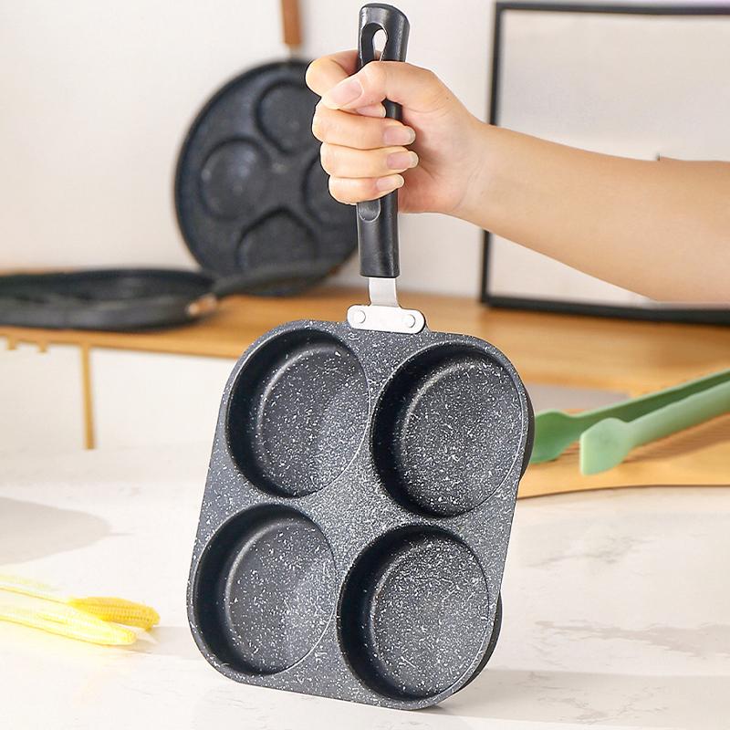 Non Stick 3 4 Hole Egg Frying Pan Wooden Handle Multi Section Skillet for Home Breakfast or Burger Making