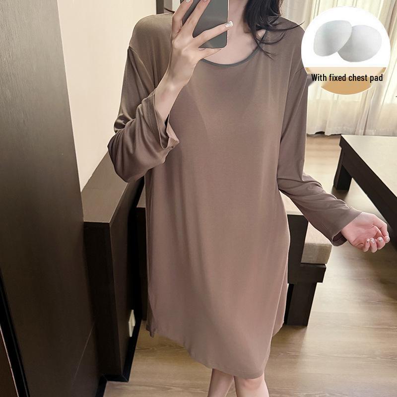 Übergröße Modal Viskose Nachthemd mit Brustpolstern für Frühling und Herbst
