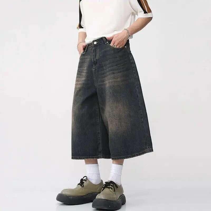 STREETRICH Korean Style Vintage Men's Jeans Summer Loose Male Wide Leg Knee Length Shorts New Washed Fashion Short Denim Pants
