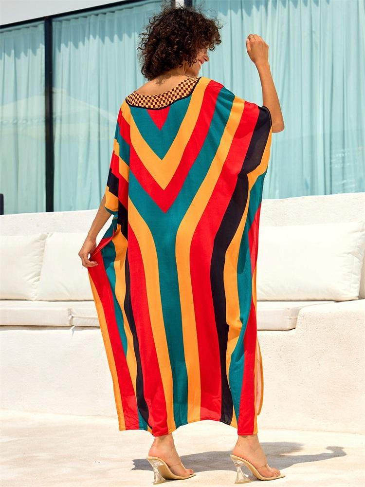 EDOLYNSA 2024 Colorful Striped Printed Plus Size V-neck Bat Sleeve Kaftan Women Boho Beach Dress Cozy House Robe Swimsuit Cover Up