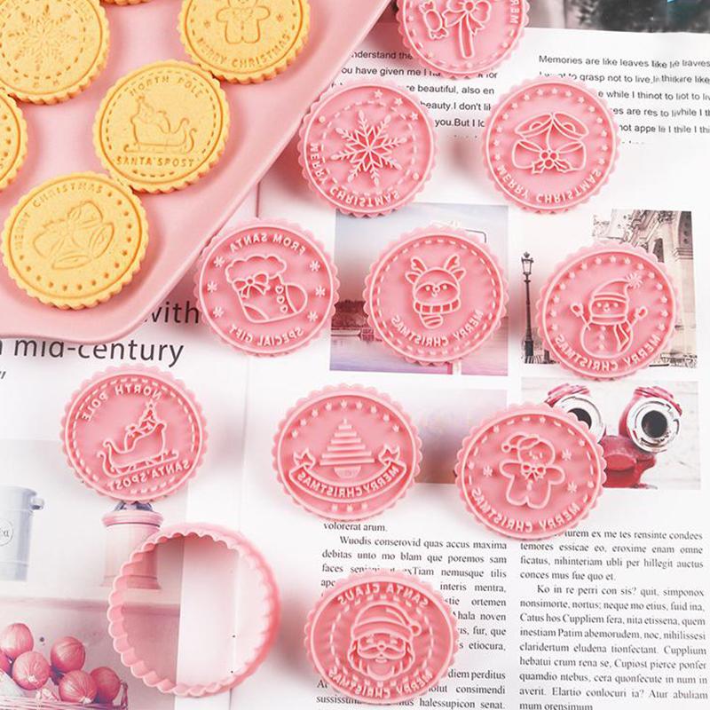 Round Christmas Cookie Cutter Set 8 Pcs 3D Embossing Cutter Molds For Fondant Biscuit Cheese Baking Party Supplies