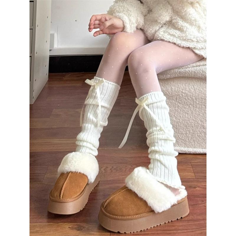 Lady Spring Bow Ribbon Knitted Stripe Pure Desire Preppy Calf Pile Stocking