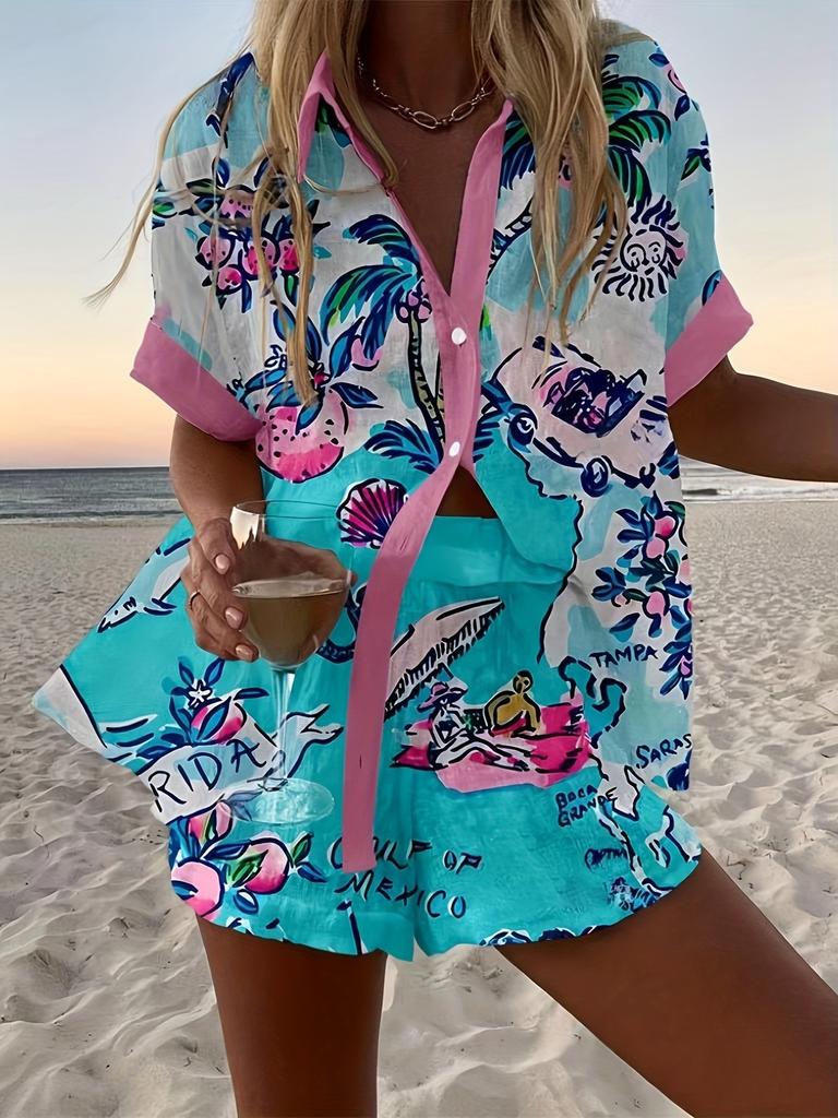 Cartoon parrot island style suit female, casual and versatile, comfortable and breathable beach two-piece set