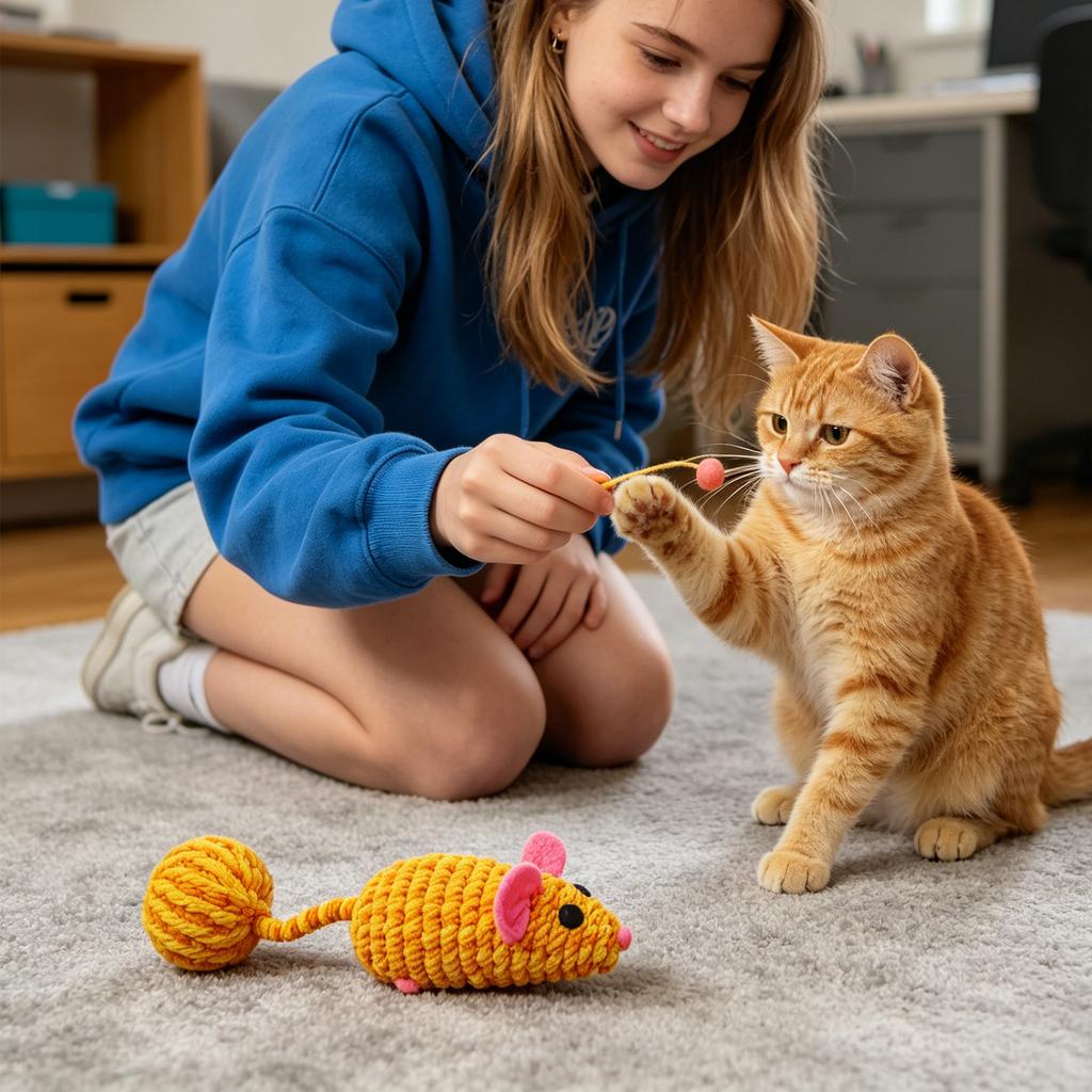 Interactive Cats Mouse Toy With Ball Tail, Colorful Woven Teaser Toy With Crinkle Sound, Automatic Cats Self-Play Entertainment Toy, Pet Chew And