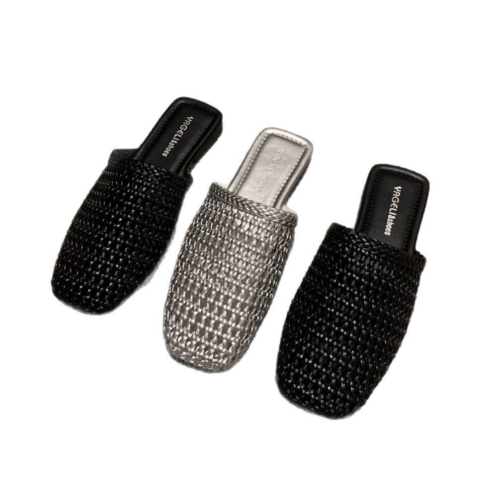 Silver Outer Wear Hollow Woven Bag Head Half Slippers Women's Summer New Versatile Flat Bottom Cool Slippers