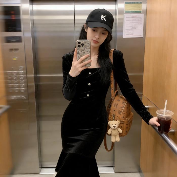 Hepburn-Style Black Velvet Bodycon Midi Dress for Women - Winter Fashion, Slim Fit XL