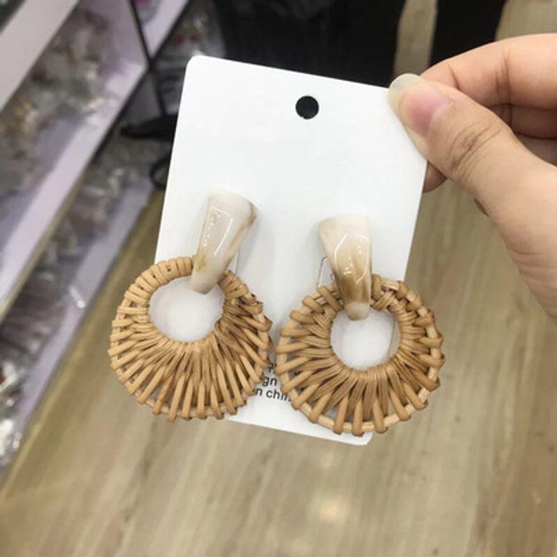 

South Korea Dongdaemun Resin Stud Earrings Bamboo Rattan Straw Woven Autumn Winter Retro Earrings Anna Fashion Earring with Same Kind Female A109 rattan acrylic beige(A107)